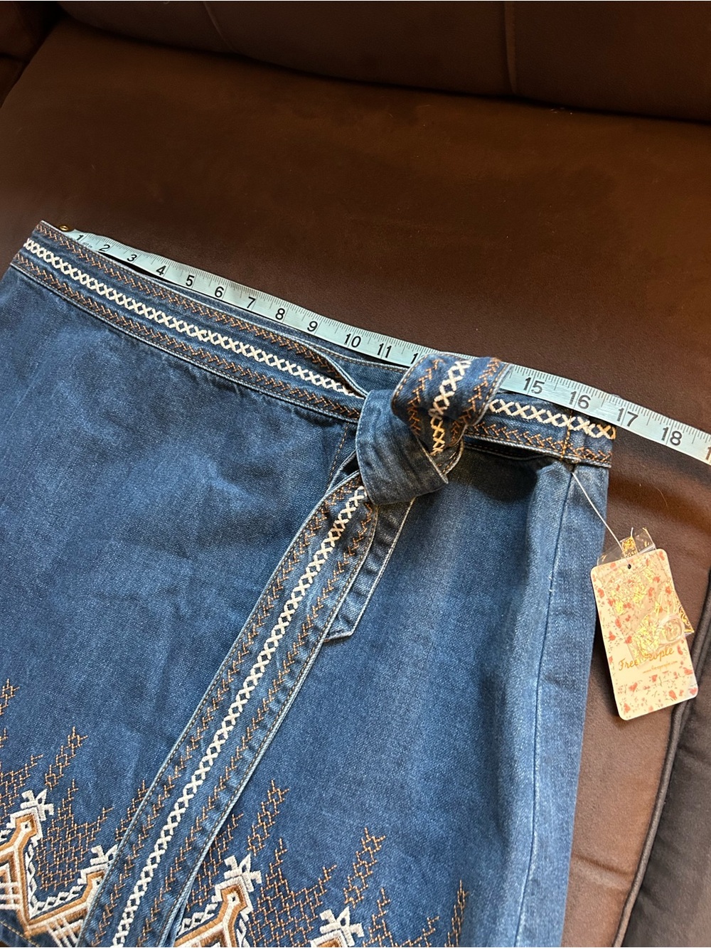 Free People “Dream Away Hendrix” Embroidered Denim Wrap Mini Skirt w/ Waist Tie - Picture 3 of 7